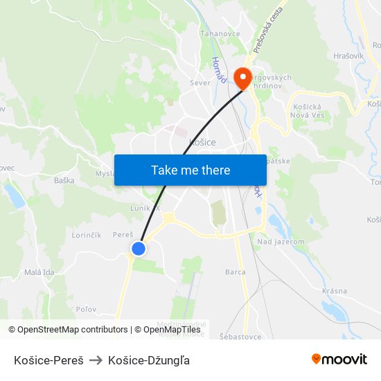 Košice-Pereš to Košice-Džungľa map