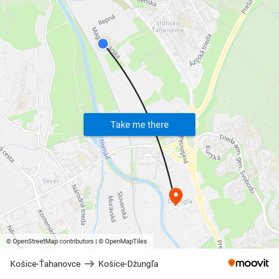 Košice-Ťahanovce to Košice-Džungľa map