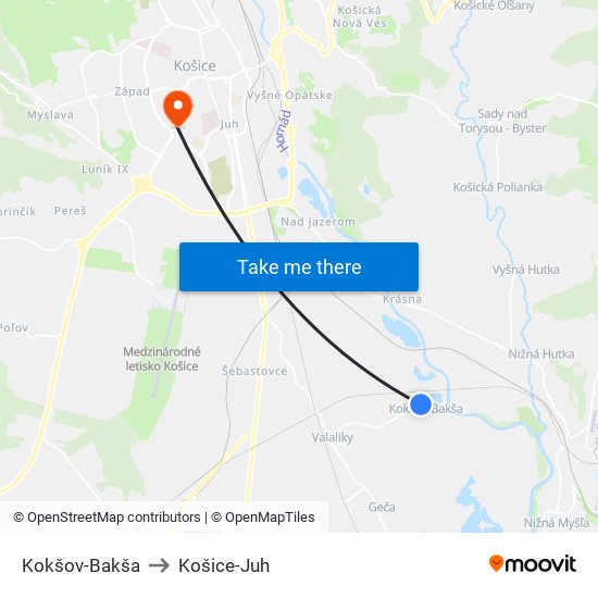 Kokšov-Bakša to Košice-Juh map