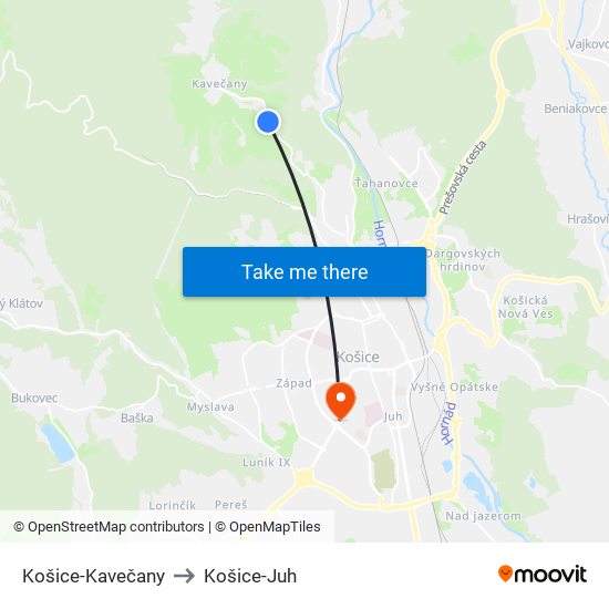 Košice-Kavečany to Košice-Juh map