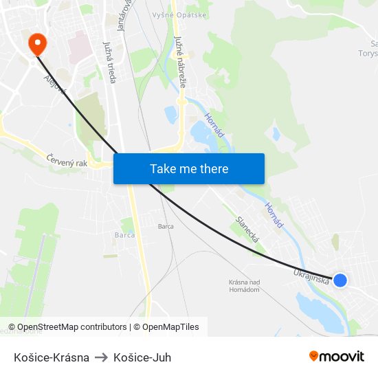 Košice-Krásna to Košice-Juh map