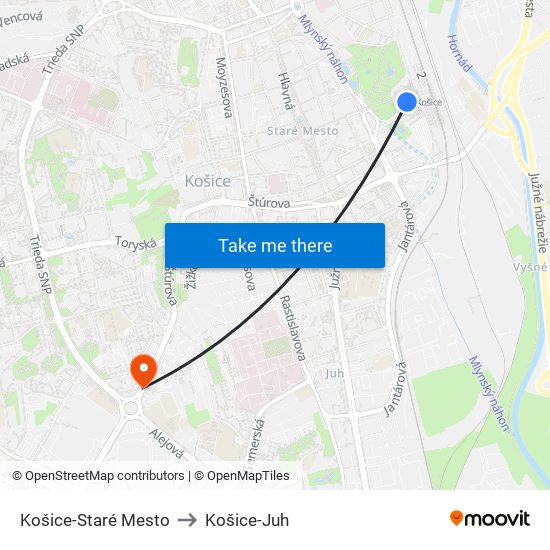 Košice-Staré Mesto to Košice-Juh map