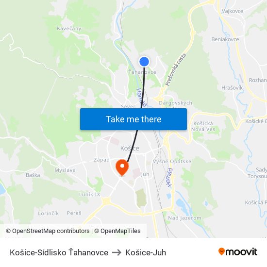 Košice-Sídlisko Ťahanovce to Košice-Juh map