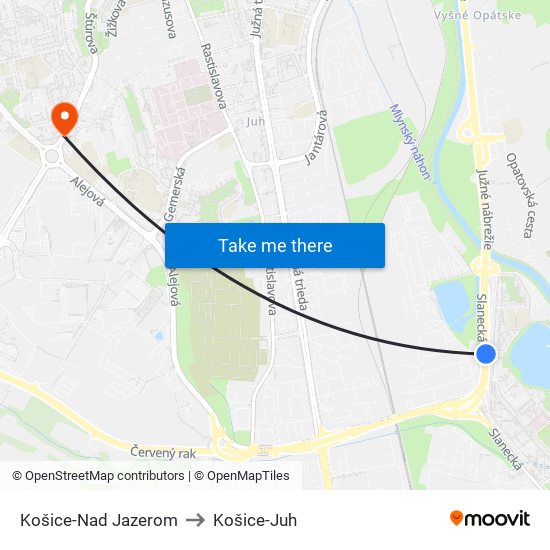 Košice-Nad Jazerom to Košice-Juh map