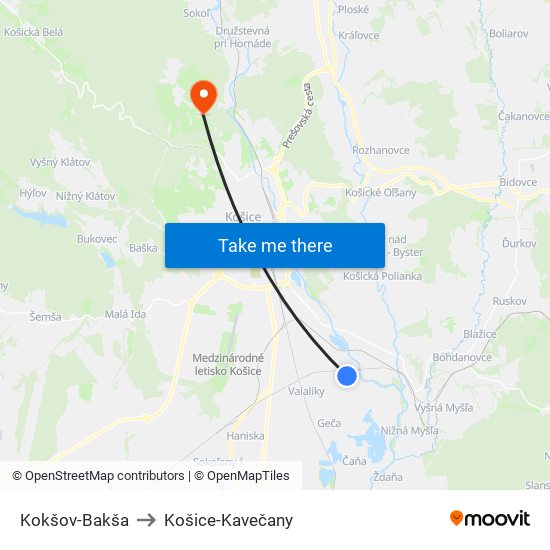 Kokšov-Bakša to Košice-Kavečany map