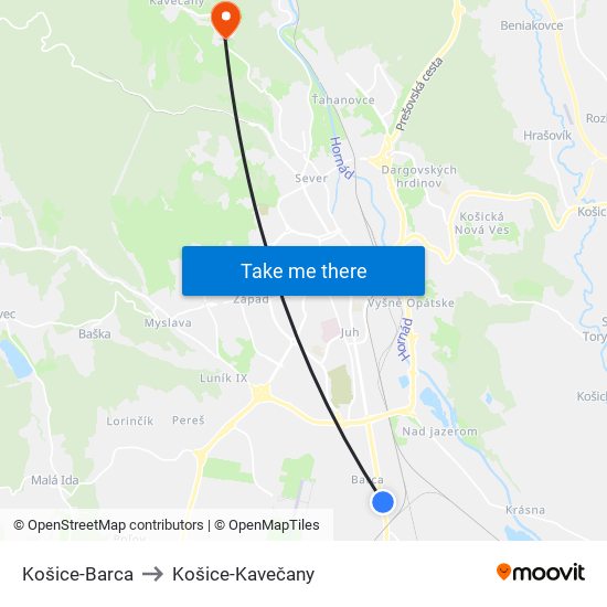 Košice-Barca to Košice-Kavečany map