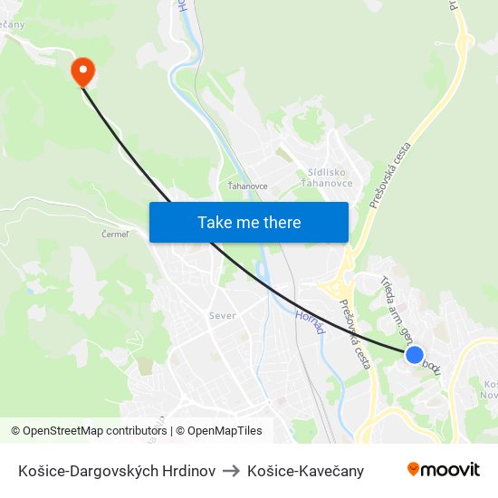 Košice-Dargovských Hrdinov to Košice-Kavečany map