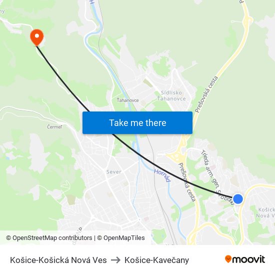 Košice-Košická Nová Ves to Košice-Kavečany map