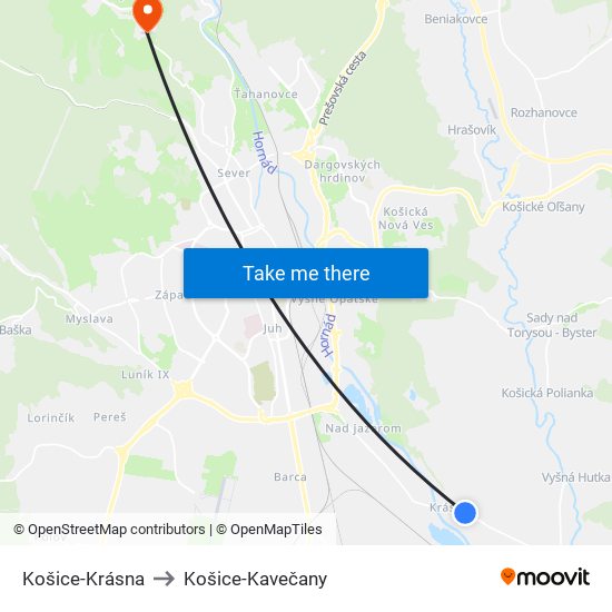 Košice-Krásna to Košice-Kavečany map