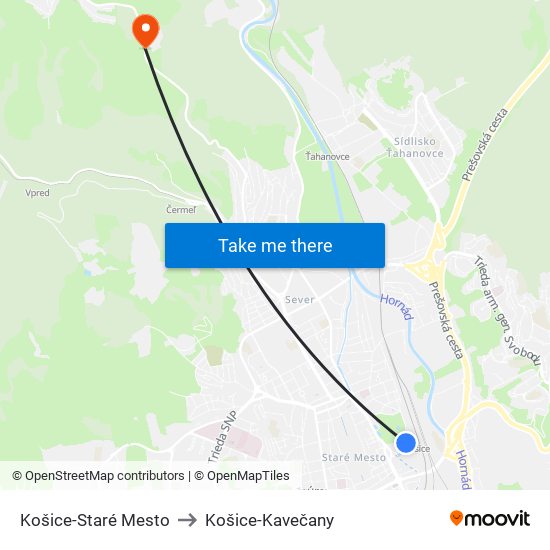 Košice-Staré Mesto to Košice-Kavečany map