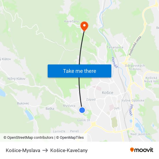 Košice-Myslava to Košice-Kavečany map