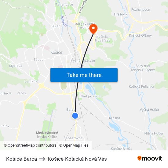 Košice-Barca to Košice-Košická Nová Ves map