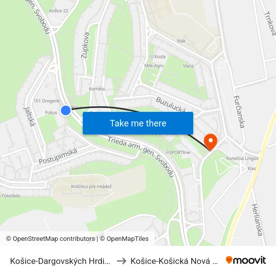 Košice-Dargovských Hrdinov to Košice-Košická Nová Ves map