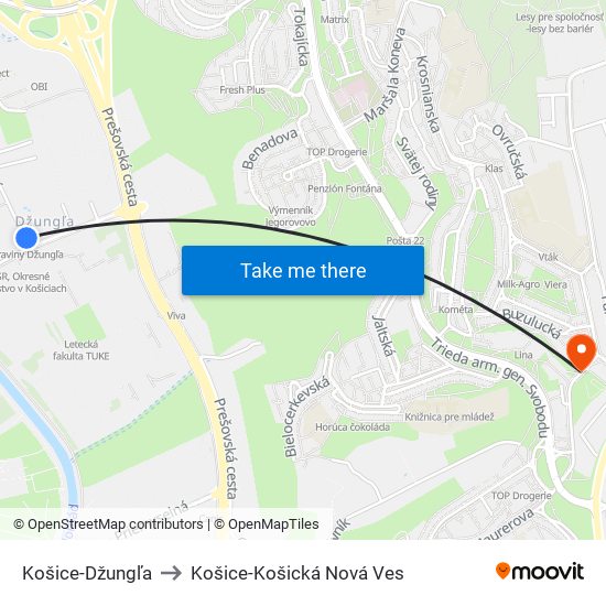 Košice-Džungľa to Košice-Košická Nová Ves map