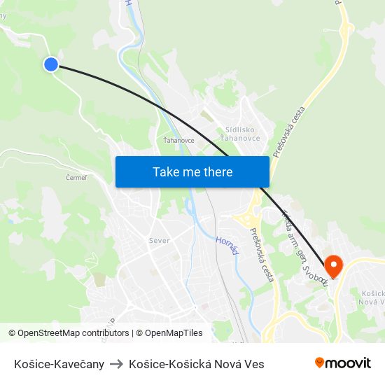 Košice-Kavečany to Košice-Košická Nová Ves map