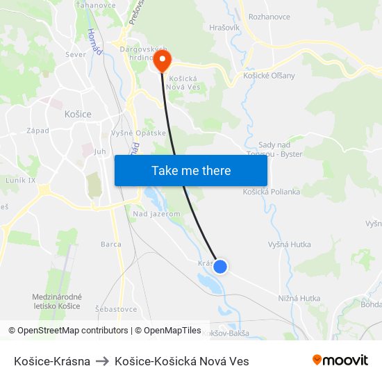 Košice-Krásna to Košice-Košická Nová Ves map