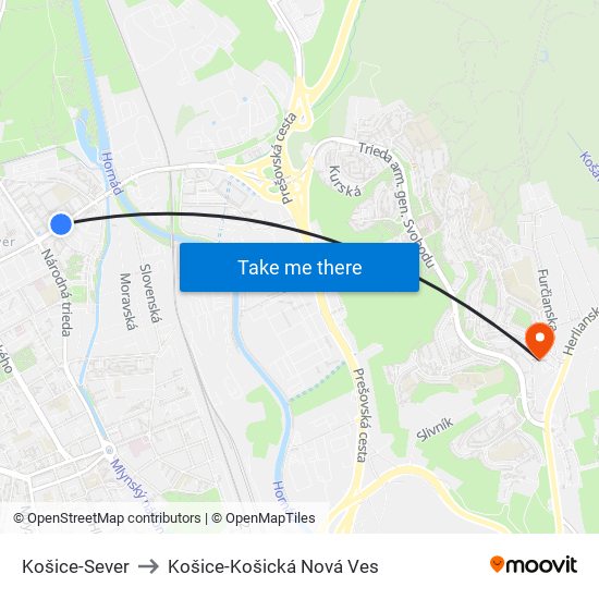 Košice-Sever to Košice-Košická Nová Ves map