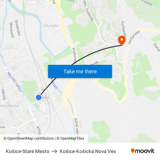 Košice-Staré Mesto to Košice-Košická Nová Ves map