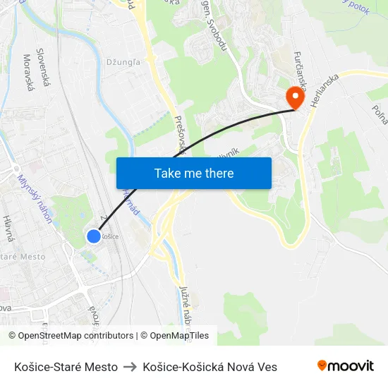 Košice-Staré Mesto to Košice-Košická Nová Ves map