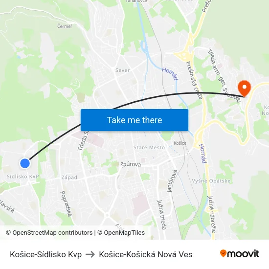 Košice-Sídlisko Kvp to Košice-Košická Nová Ves map