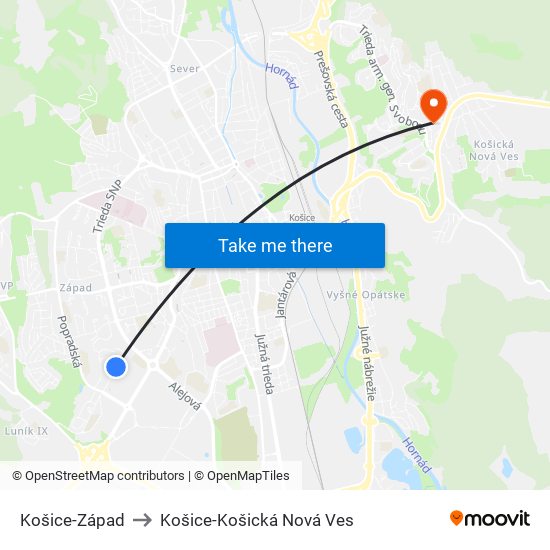 Košice-Západ to Košice-Košická Nová Ves map