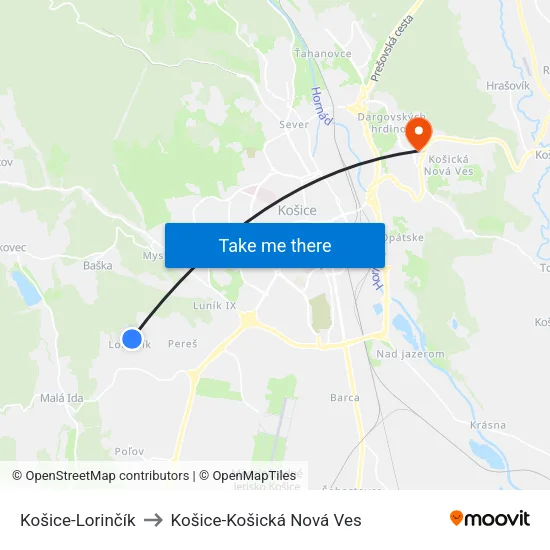 Košice-Lorinčík to Košice-Košická Nová Ves map