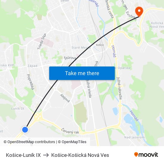 Košice-Luník IX to Košice-Košická Nová Ves map