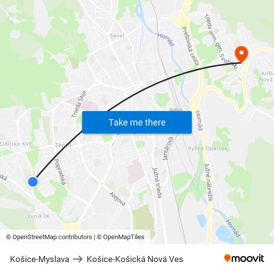 Košice-Myslava to Košice-Košická Nová Ves map