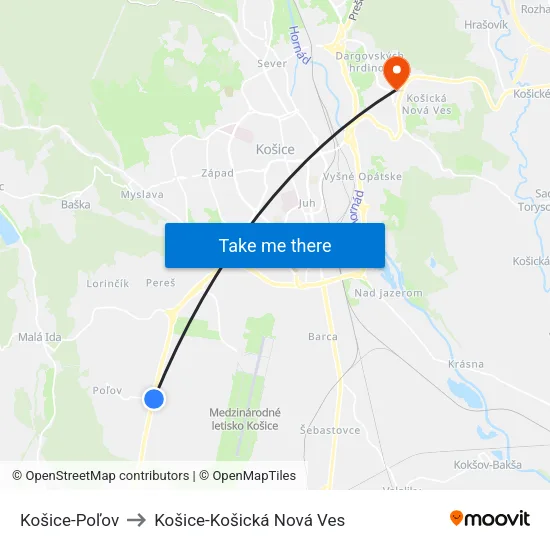 Košice-Poľov to Košice-Košická Nová Ves map