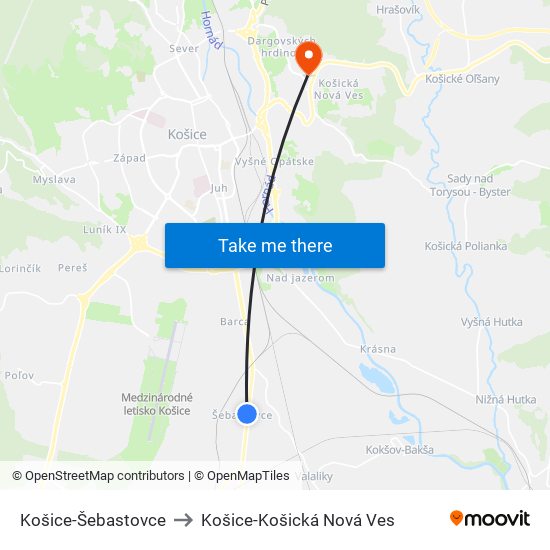 Košice-Šebastovce to Košice-Košická Nová Ves map