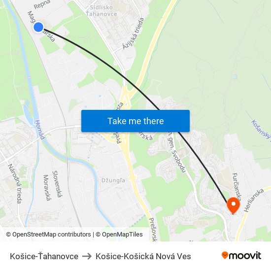 Košice-Ťahanovce to Košice-Košická Nová Ves map