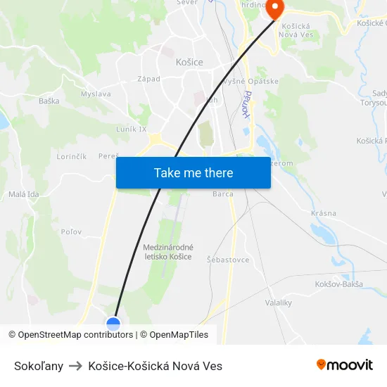 Sokoľany to Košice-Košická Nová Ves map