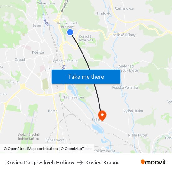 Košice-Dargovských Hrdinov to Košice-Krásna map