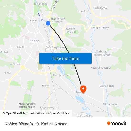 Košice-Džungľa to Košice-Krásna map