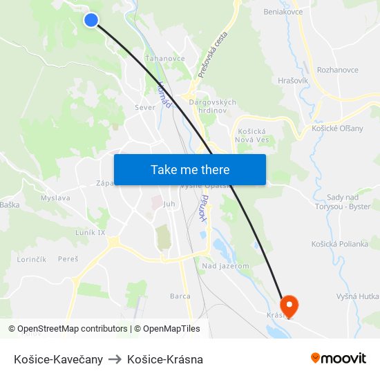 Košice-Kavečany to Košice-Krásna map