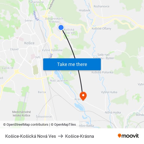 Košice-Košická Nová Ves to Košice-Krásna map