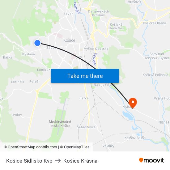 Košice-Sídlisko Kvp to Košice-Krásna map