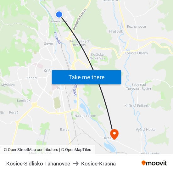 Košice-Sídlisko Ťahanovce to Košice-Krásna map