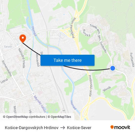 Košice-Dargovských Hrdinov to Košice-Sever map