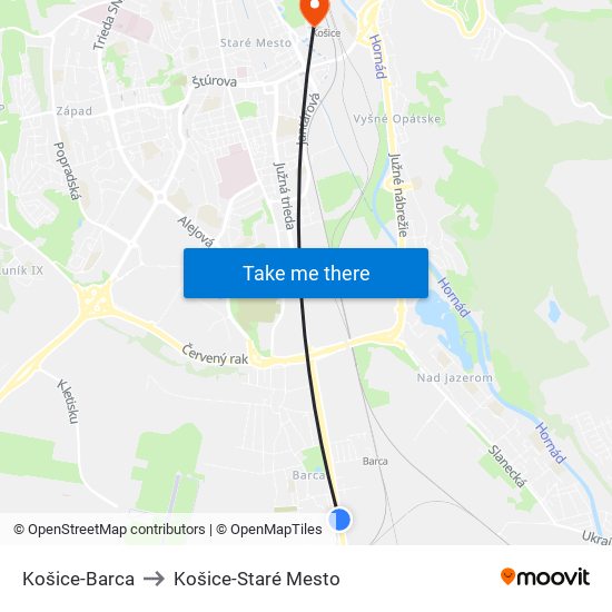 Košice-Barca to Košice-Staré Mesto map