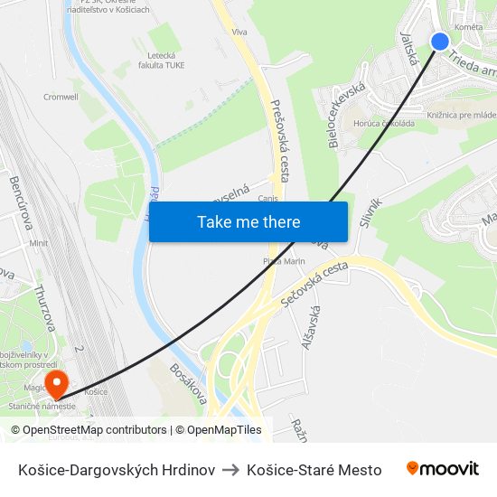 Košice-Dargovských Hrdinov to Košice-Staré Mesto map