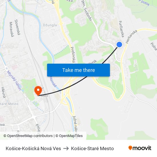 Košice-Košická Nová Ves to Košice-Staré Mesto map