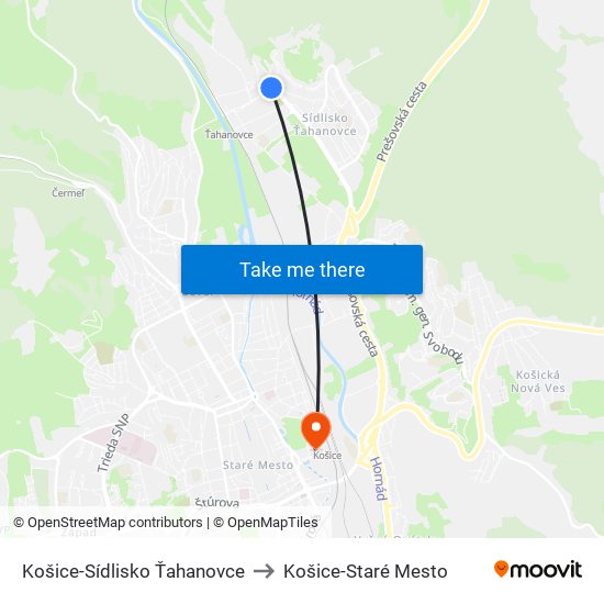 Košice-Sídlisko Ťahanovce to Košice-Staré Mesto map