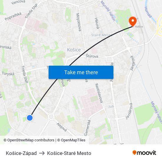 Košice-Západ to Košice-Staré Mesto map