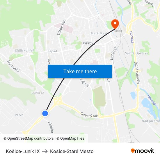 Košice-Luník IX to Košice-Staré Mesto map