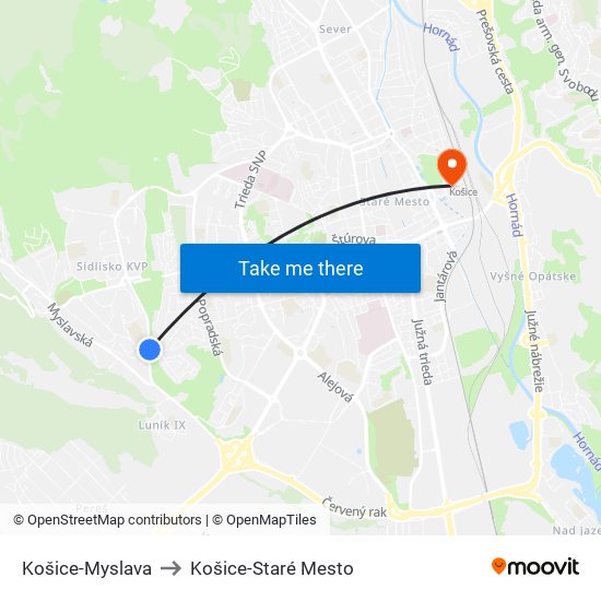 Košice-Myslava to Košice-Staré Mesto map