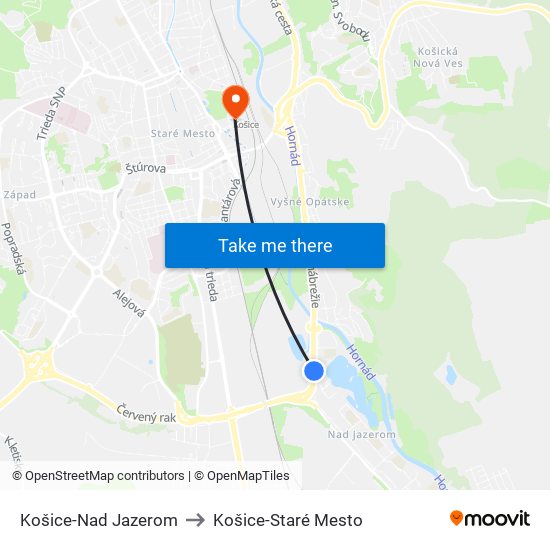 Košice-Nad Jazerom to Košice-Staré Mesto map