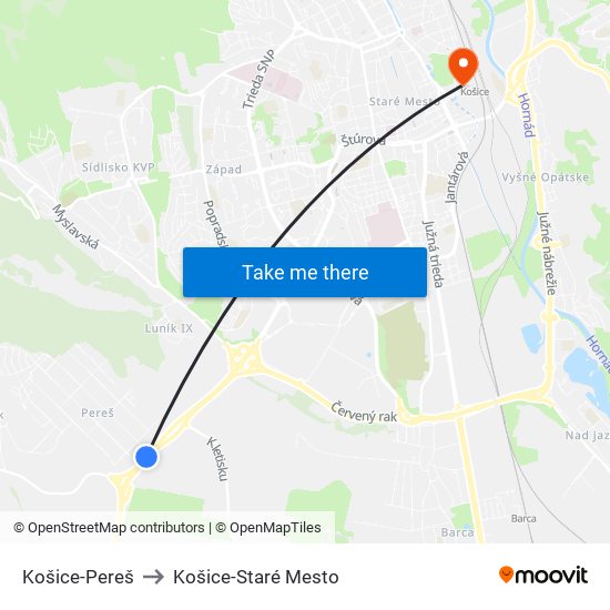 Košice-Pereš to Košice-Staré Mesto map