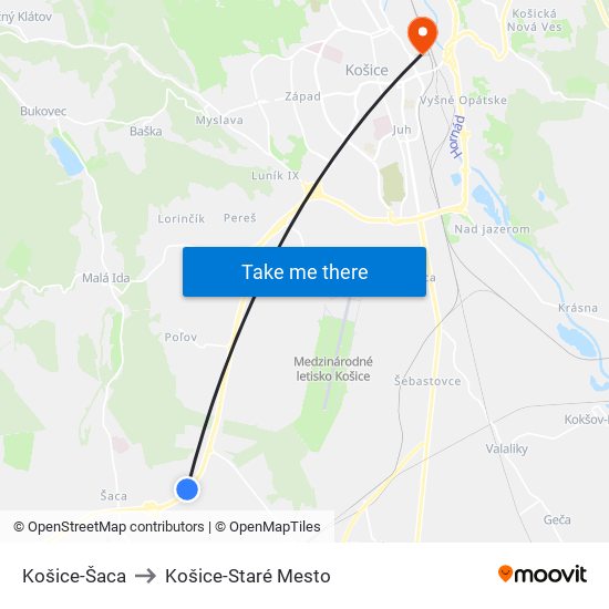 Košice-Šaca to Košice-Staré Mesto map