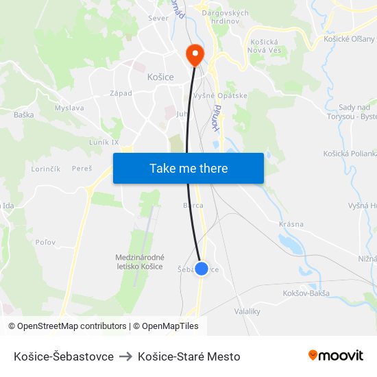 Košice-Šebastovce to Košice-Staré Mesto map